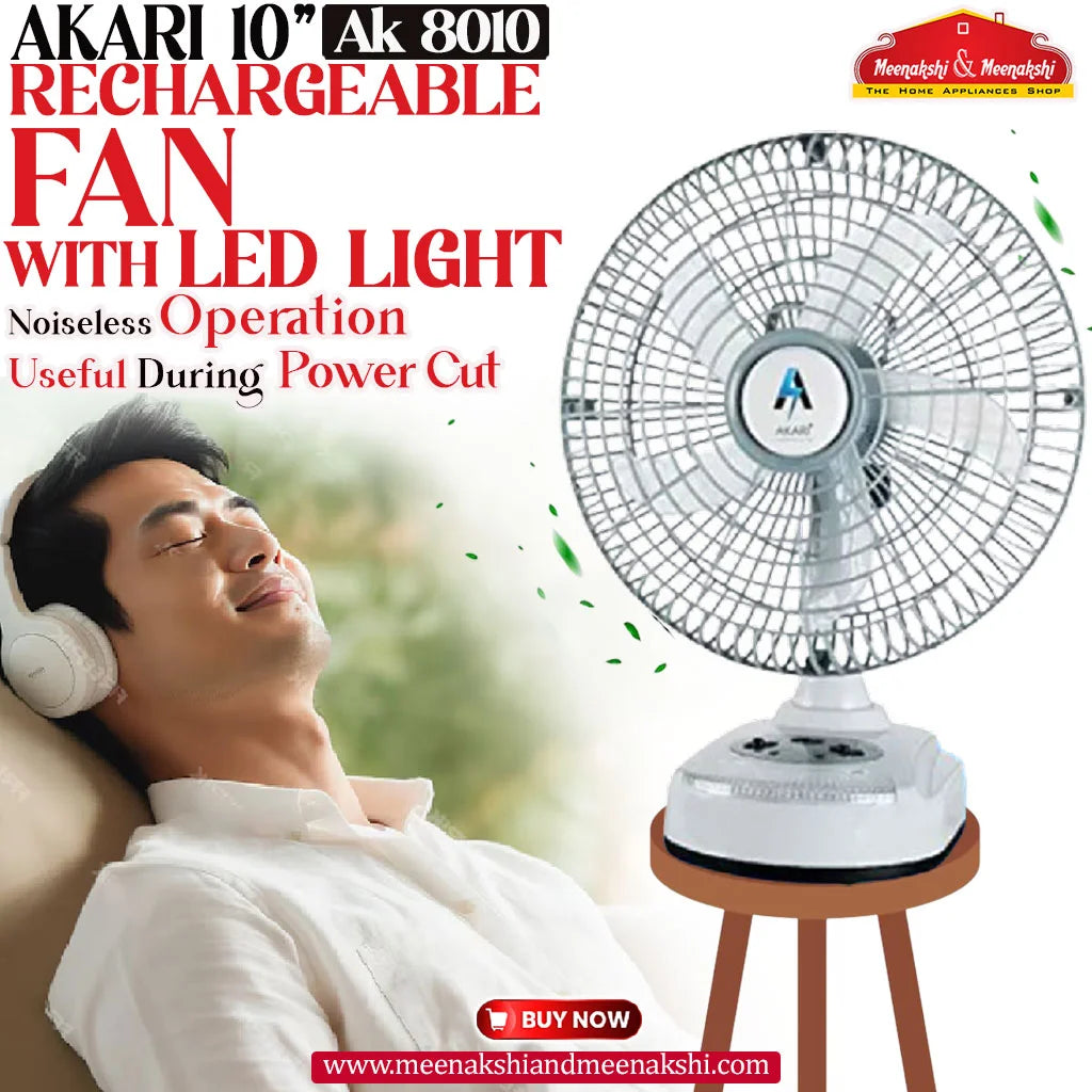 AKARI AK-8010 10 RECHARGEABLE FAN WITH LED LIGHT