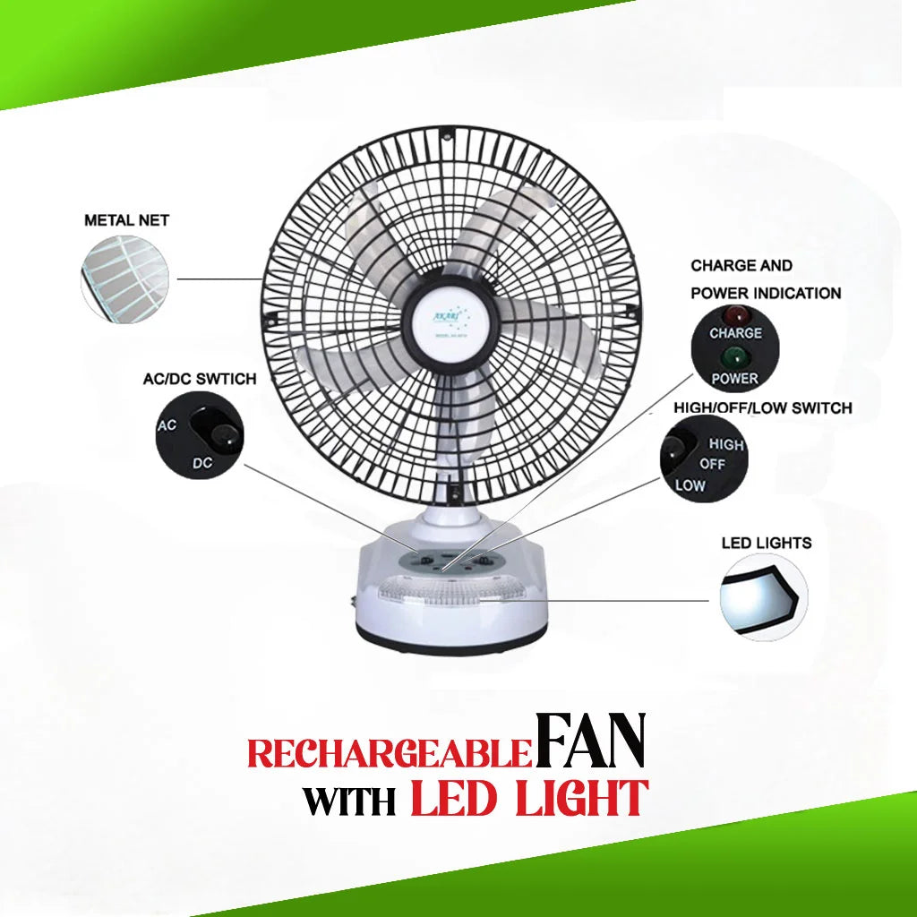 AKARI AK-8010 10 RECHARGEABLE FAN WITH LED LIGHT