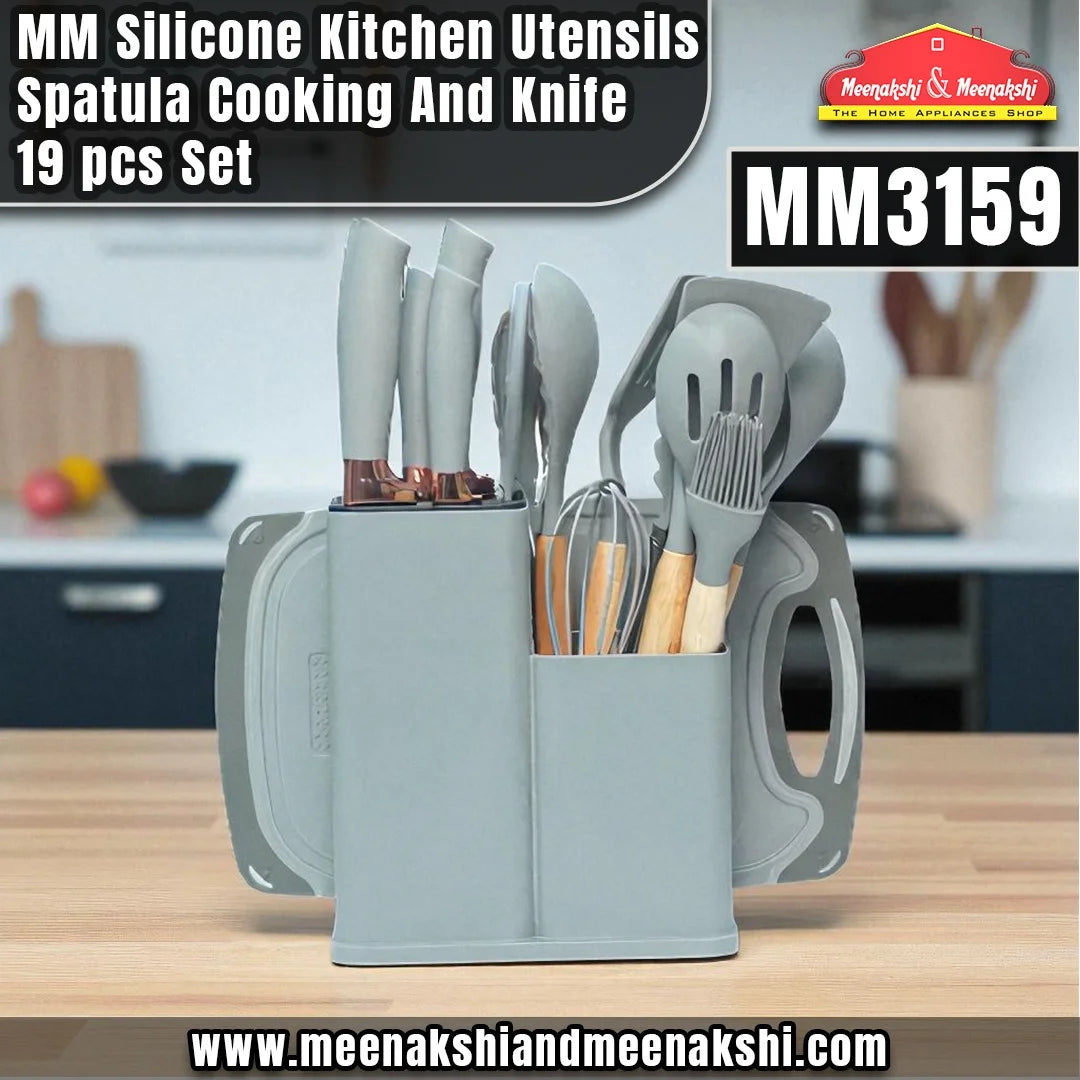 MM Silicone Kitchen Utensils Spatula Cooking And Knife 19PCS Set Gray MM3159