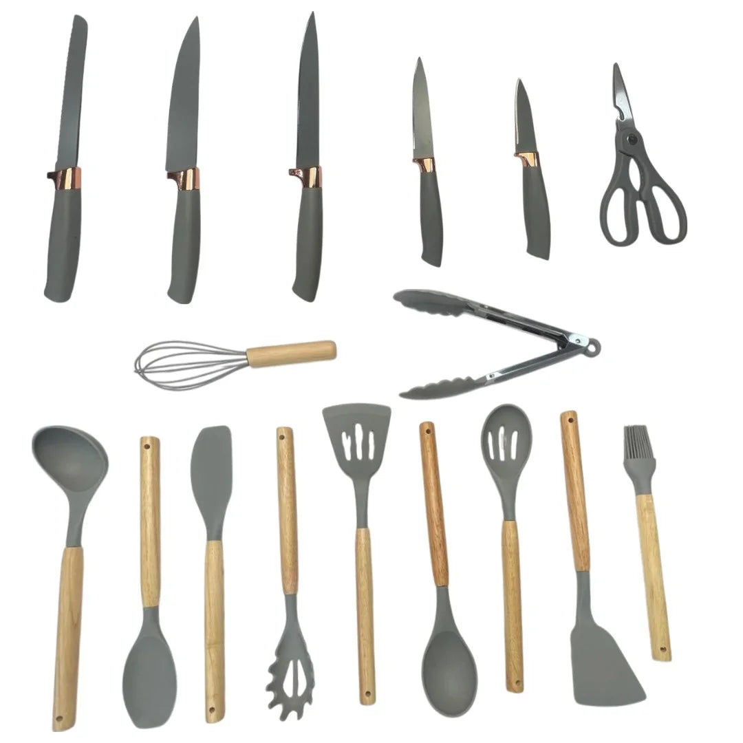 MM Silicone Kitchen Utensils Spatula Cooking And Knife 19PCS Set Gray MM3159