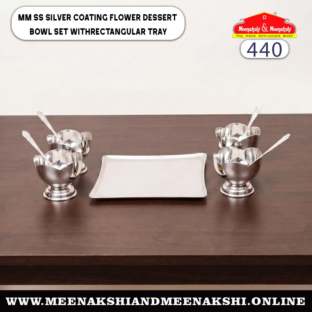 MM SS Silver Coating Flower Dessert Bowl Set with Rectangular Tray 440