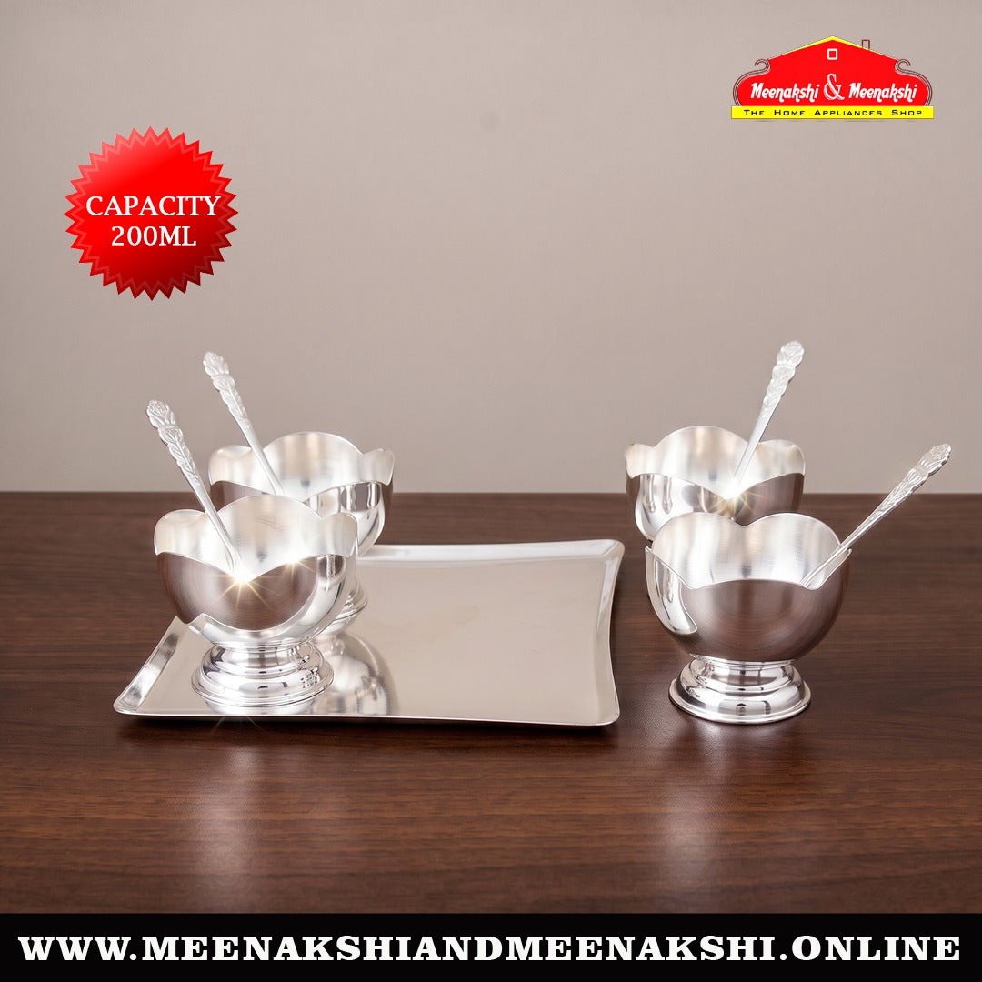 MM SS Silver Coating Flower Dessert Bowl Set with Rectangular Tray 440
