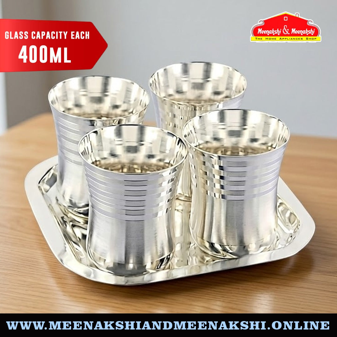 MM SS Silver Coating Square Tray With 4 Damroo Tumbler 649