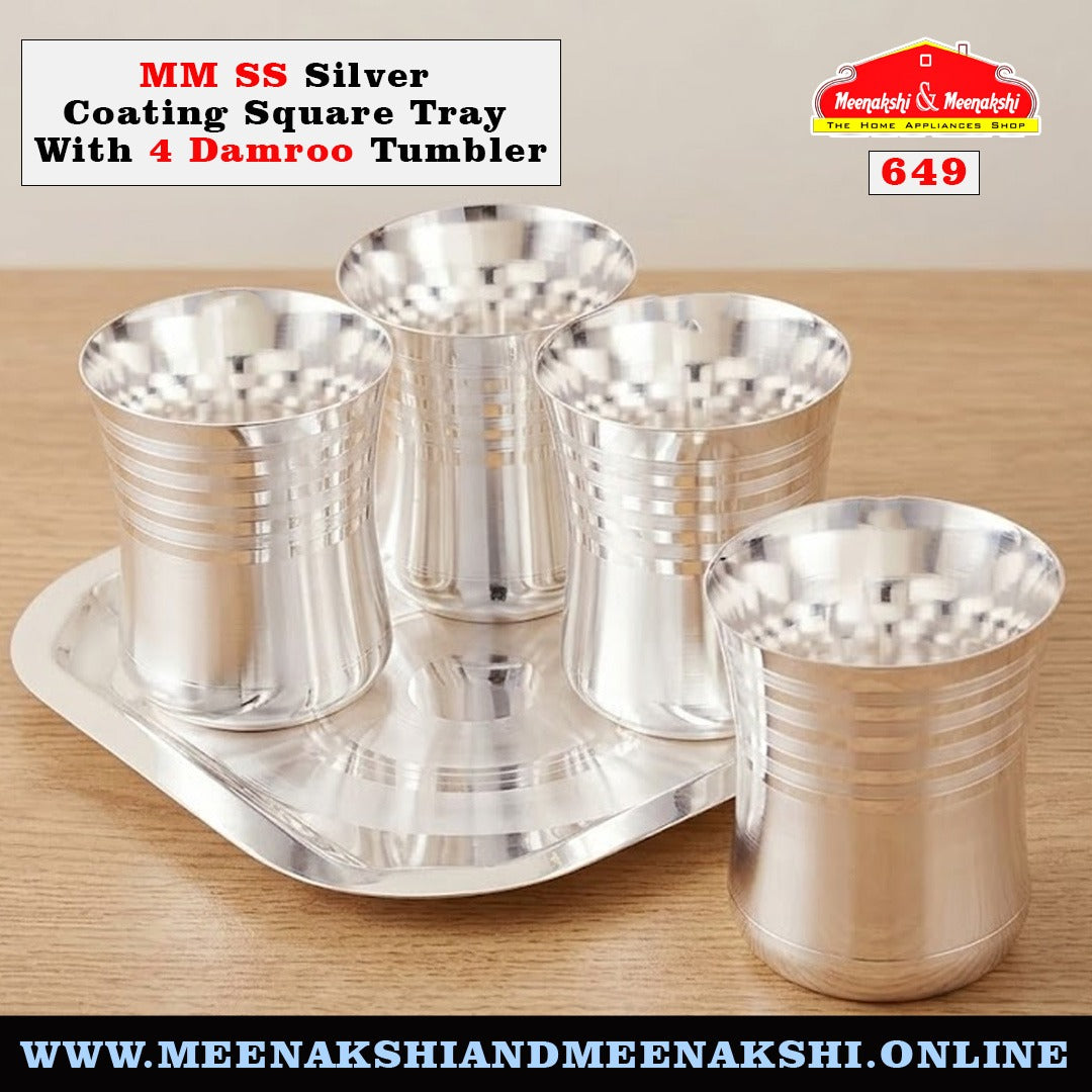 MM SS Silver Coating Square Tray With 4 Damroo Tumbler 649