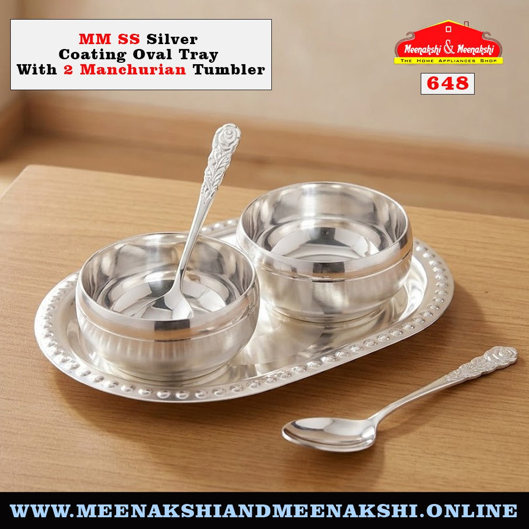MM SS Silver Coating Oval Tray With 2 Manchurian Bowl 648