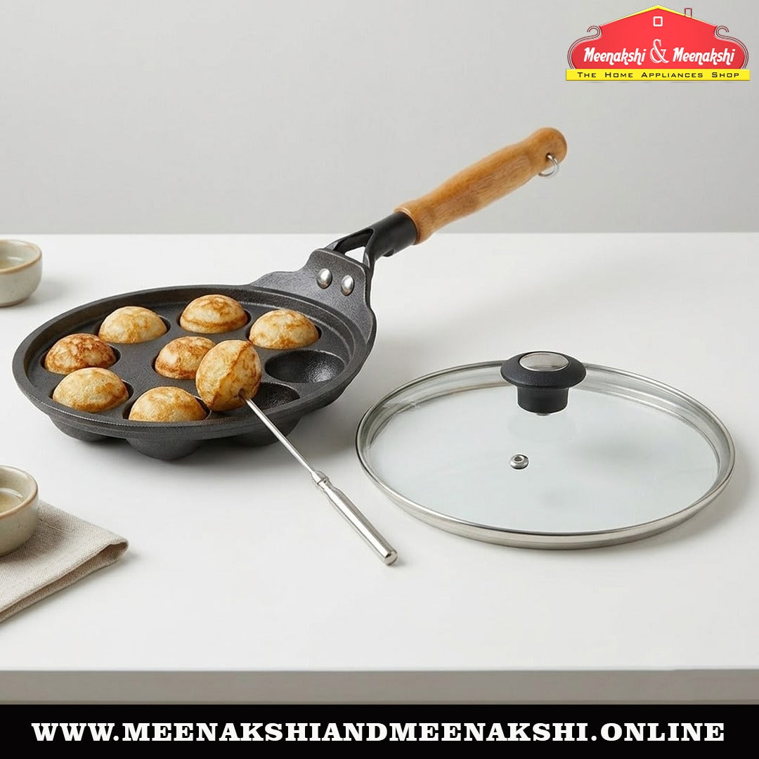 Wooden Handle CI 9Pit Paniyarakal With Glass LID 903