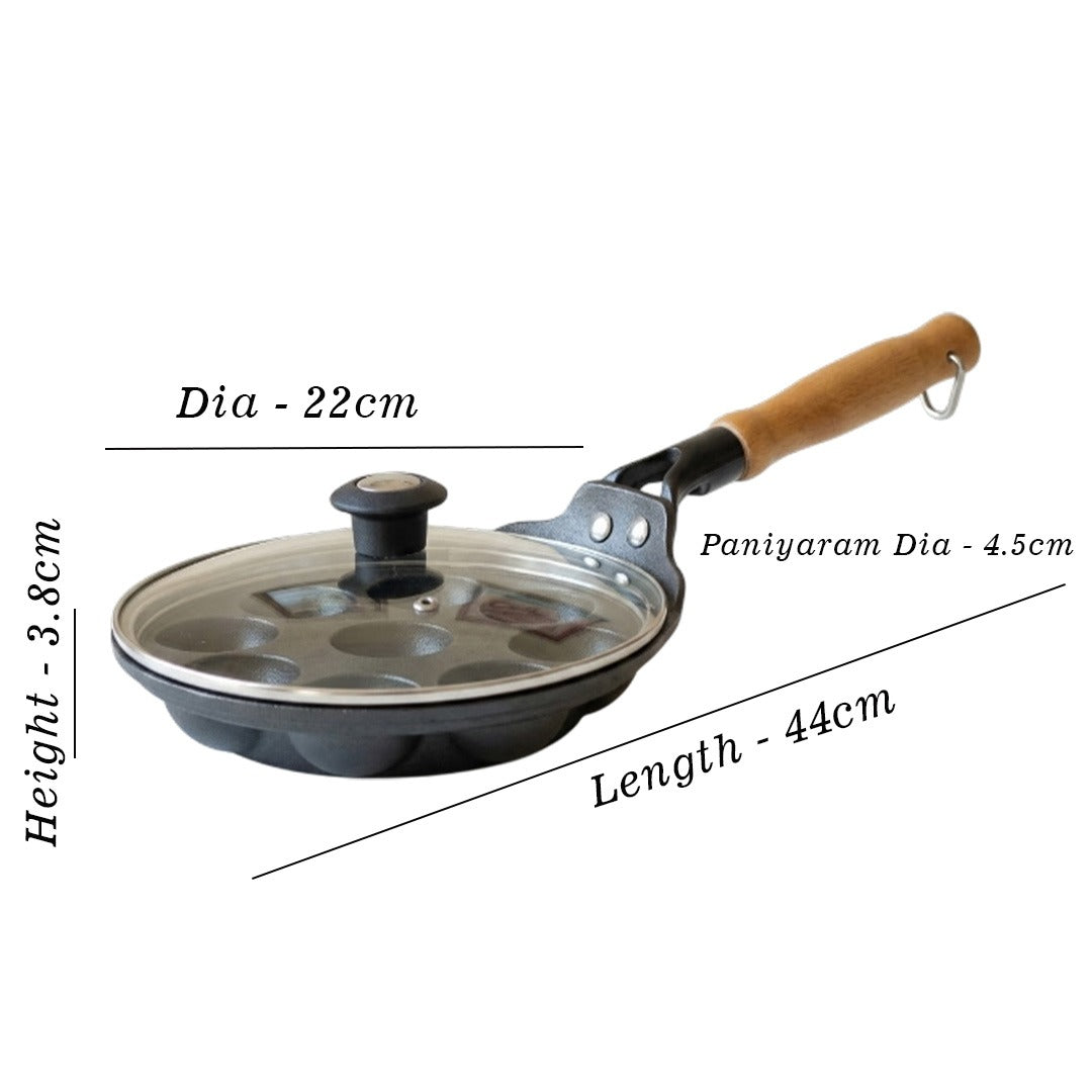 Wooden Handle CI 9Pit Paniyarakal With Glass LID 903