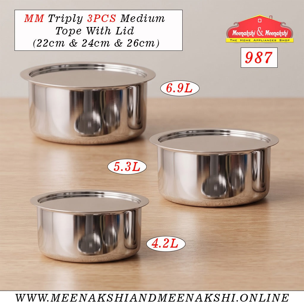 MM Triply 3PCS Medium Tope With Lid (22cm & 24cm & 26cm)
