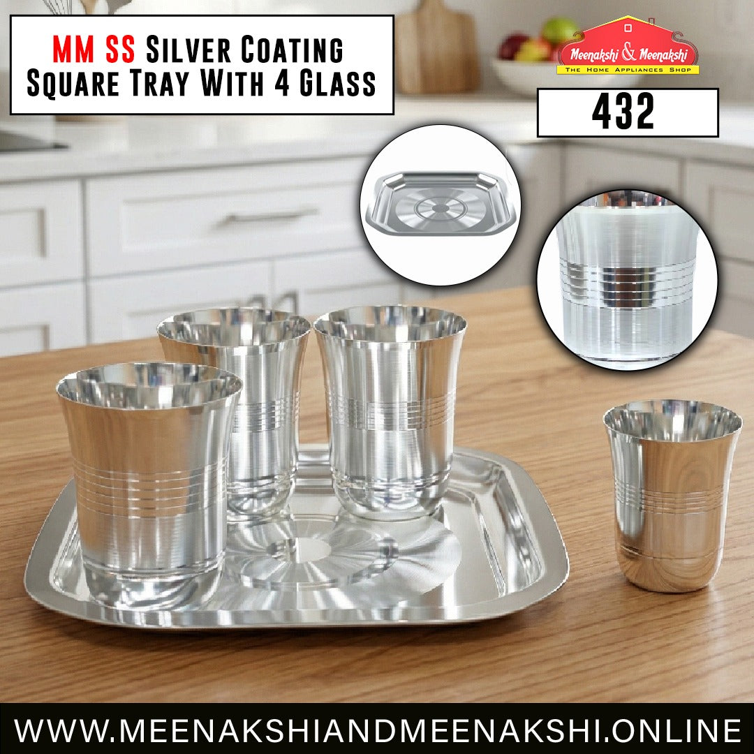 MM SS Silver Coating Square Tray With 4 Glass 432