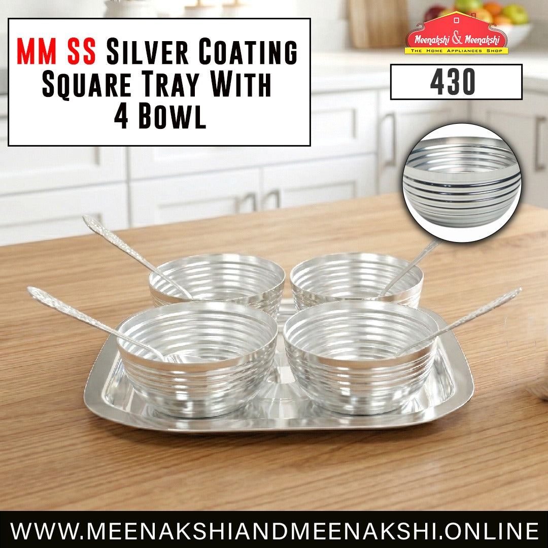 MM SS Silver Coating Square Tray With 4 Bowl 430