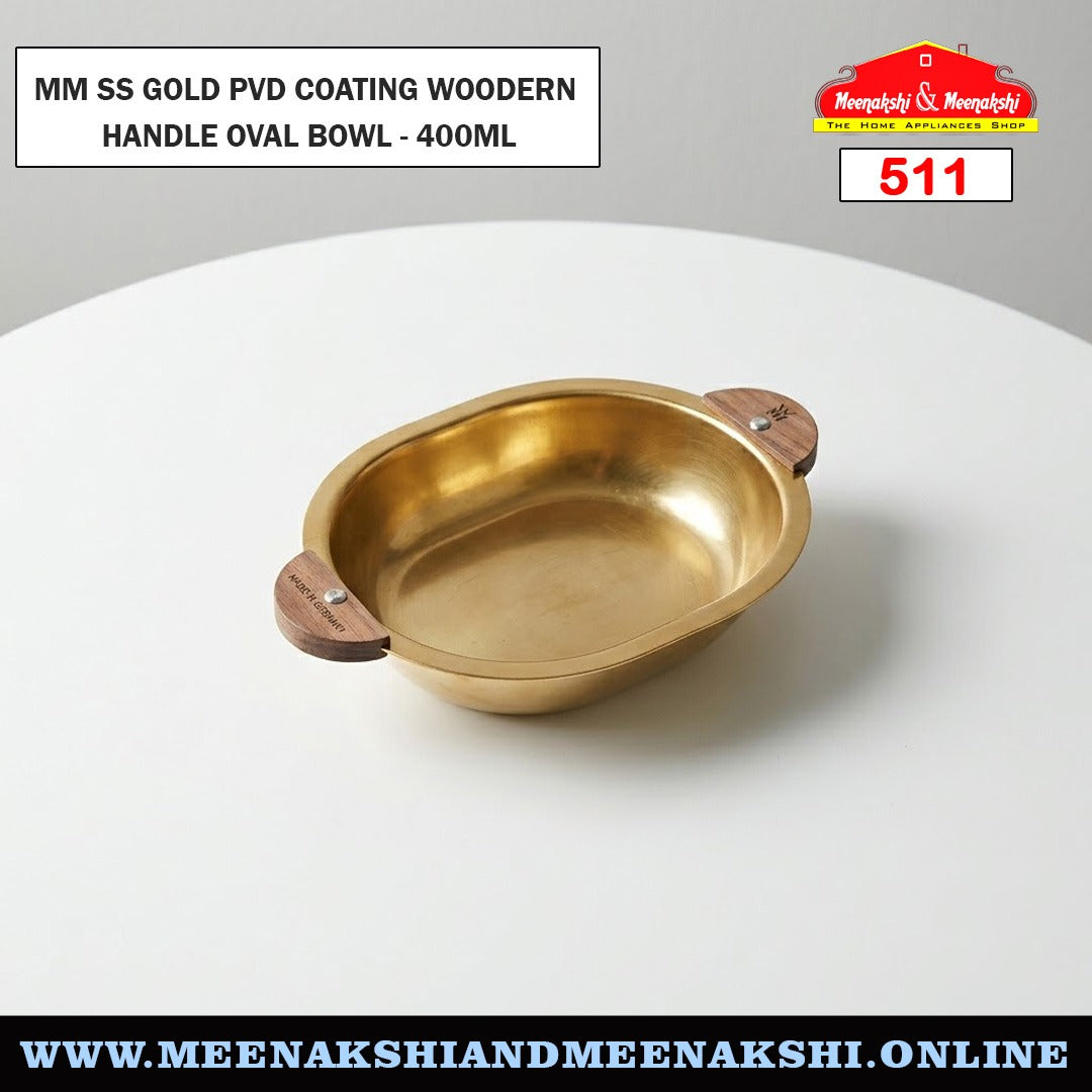 MM SS Gold PVD Coating Woodern Handle Oval Bowl