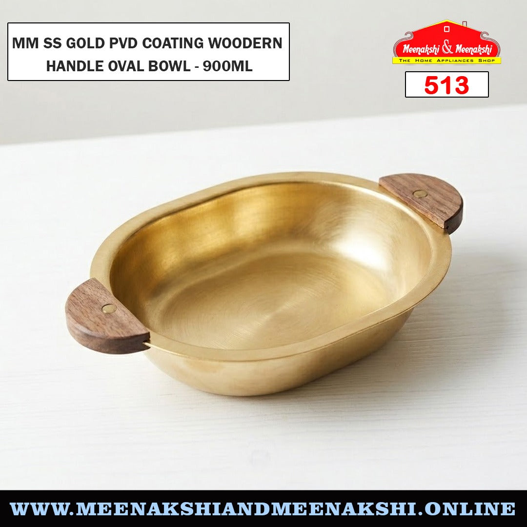 MM SS Gold PVD Coating Woodern Handle Oval Bowl
