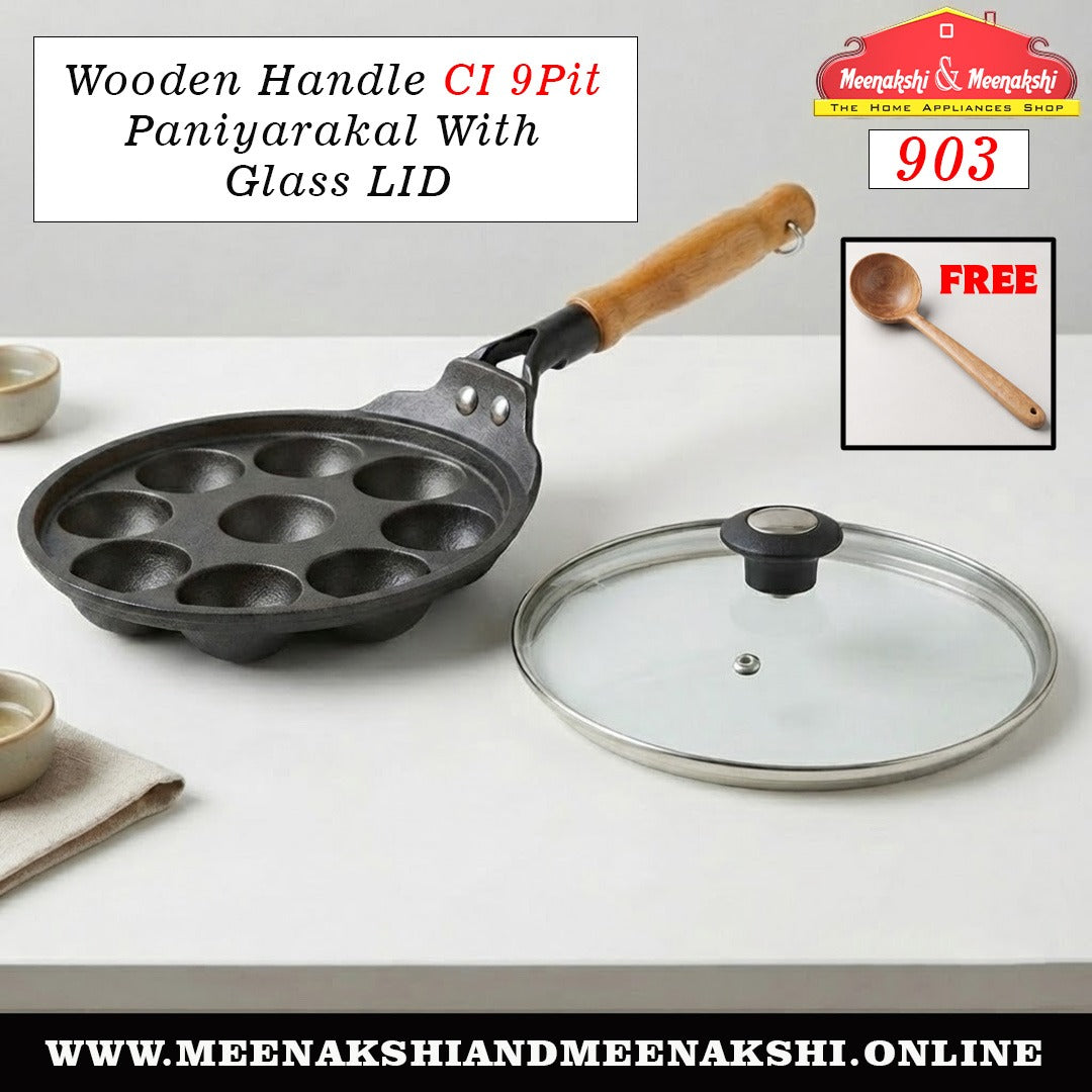 Wooden Handle CI 9Pit Paniyarakal With Glass LID 903